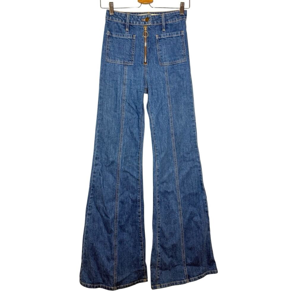 Stoned Immaculate Blue Denim Retro Flare Bell Bottom High Rise Bardot Jeans 24"